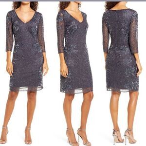 NEW - Pisarro Nights Beaded V-Neck Slate Gray Cocktail Dress - 8